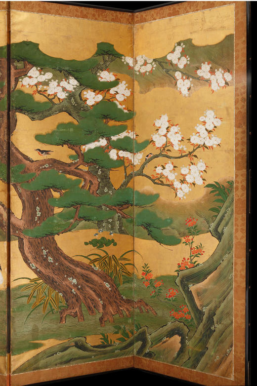 独角鹿西洋古董家具日本江户时代狩野派青松仙鹤纸本金叶六曲屏风 商品图3