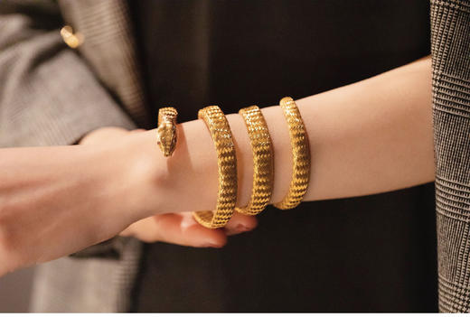 独角鹿西洋古董首饰珠宝19世纪后半期欧洲18K黄金编织灵蛇形手镯 商品图1