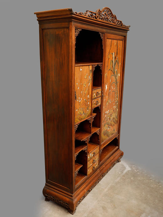 独角鹿西洋古董家具漆木镶嵌母贝浮雕彩绘东方花鸟风景多宝阁立柜 商品图1