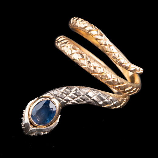 独角鹿西洋古董珠宝首饰20世纪欧洲出品18k金蓝色宝石蛇形戒指 商品图0
