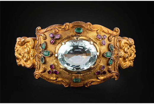 独角鹿西洋古董珠宝法国18K金镶嵌海蓝宝石红宝石祖母绿手镯手链 商品图2