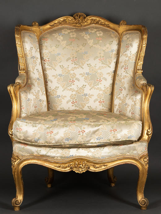 独角鹿西洋古董家具拿破仑三世时期木鎏金装饰提花缎面沙发扶手椅 商品图0