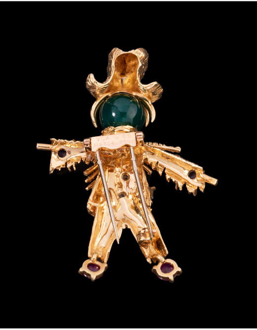 独角鹿西洋古董法国18K金镶嵌绿玉髓蓝宝石红宝石钻石稻草人胸针 商品图4