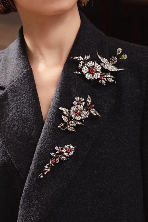 独角鹿西洋古董珠宝黄金纯银镶钻石红宝石橄榄石花鸟可拆卸胸针 商品图2