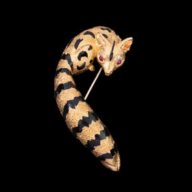 独角鹿西洋古董法国珠宝世家珐琅18K金镶红宝石钻石狐狸造型胸针