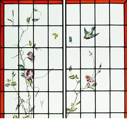 独角鹿西洋古董法国工坊花鸟飞蝶水边风景彩绘玻璃花窗一对 商品图1