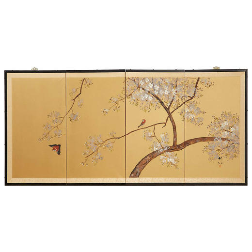 独角鹿西洋古董日本昭和时期手工画樱花四页屏风日式 商品图0