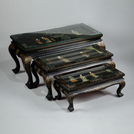 独角鹿西洋古董家具中国黑漆描金硬石镶嵌西厢记主题边桌三套几 商品图0