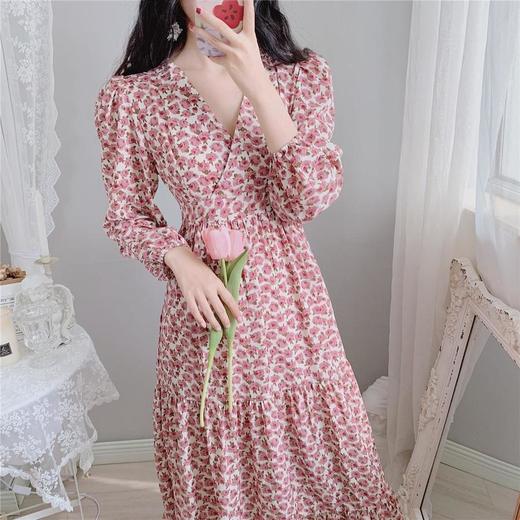 气质显瘦复古粉色花朵高腰V领荷叶边韩版长裙打底裙春秋装印花裙 商品图0