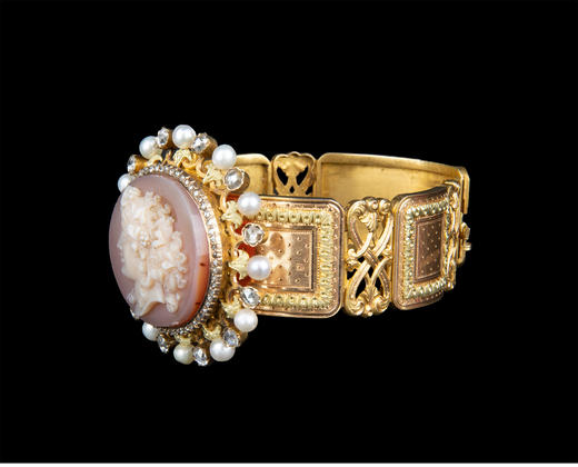 独角鹿西洋古董18K金镶嵌珍珠钻石玛瑙浮雕卡梅奥cameo手镯手链 商品图4