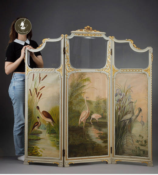 独角鹿西洋古董玻璃修漆木鎏金雕花边框水岸鸟鹤布面手绘三页屏风 商品图1