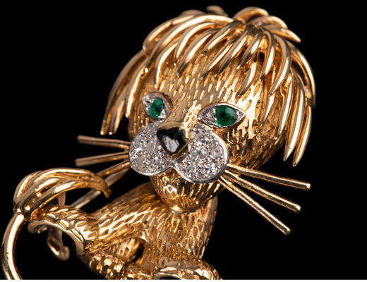 独角鹿西洋古董法国珠宝世家18K金镶祖母绿钻石珐琅小狮子胸针 商品图2