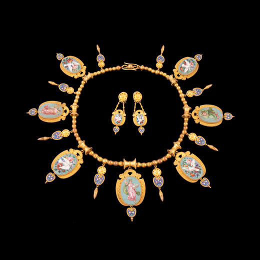 独角鹿西洋古董珠宝套件18K金镶嵌古典圣鸽与人物马赛克项链耳饰 商品图0