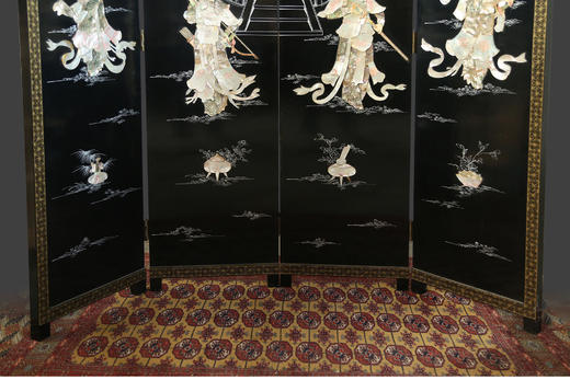 独角鹿西洋古董中国黑漆木嵌硬石母贝传统园邸人物主题四曲屏风 商品图2