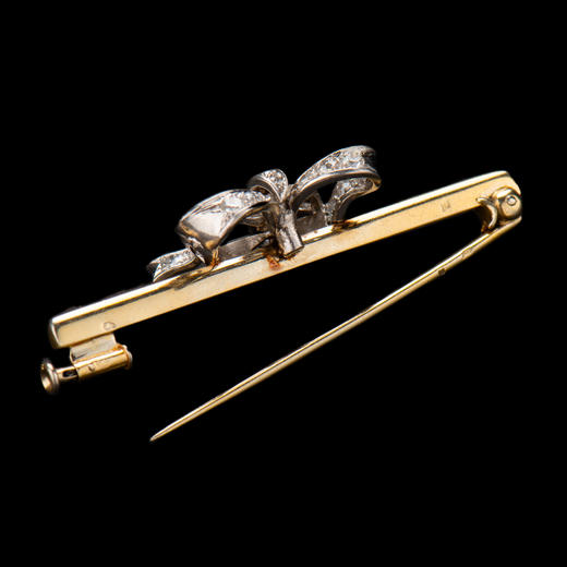 独角鹿西洋古董珠宝首饰1900年代黄金白金镶嵌钻石蝴蝶结胸针 商品图3