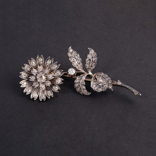 独角鹿西洋古董珠宝首法国18k金银镶嵌钻石玫瑰切钻石颤抖花胸针 商品图0