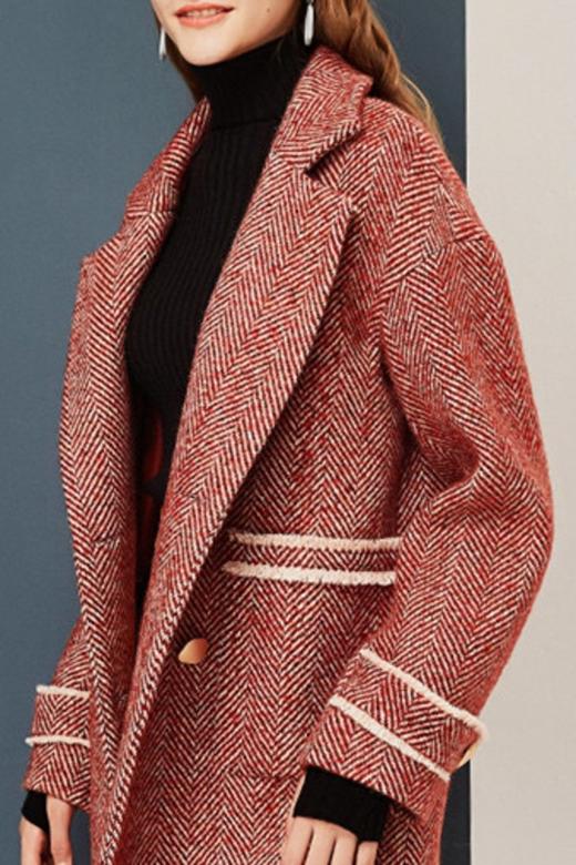 OECE 红色复古人字纹翻领大衣 10230 商品图3