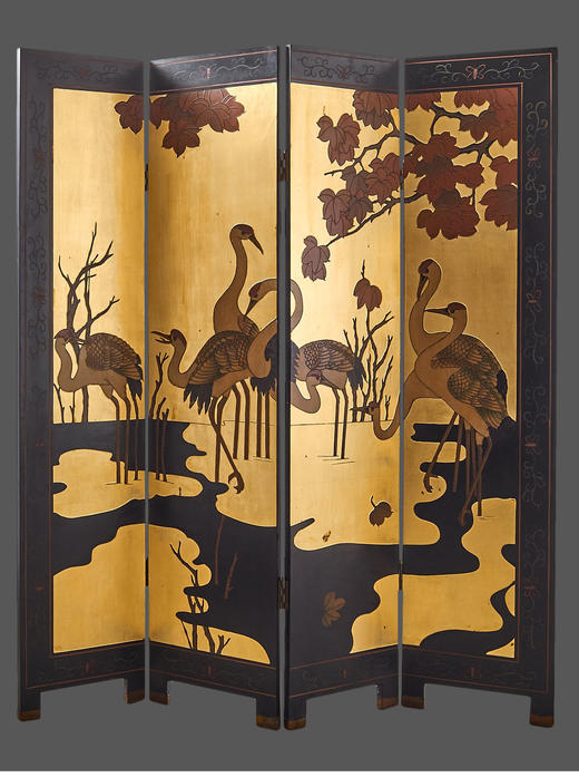 独角鹿西洋古董中国金秋红叶八仙鹤主题款彩雕漆四扇屏风 商品图1