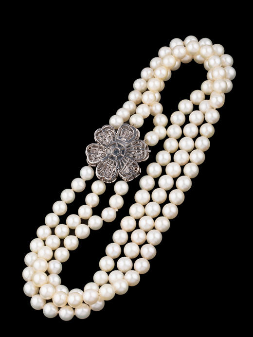 独角鹿西洋古董18K白金镶钻石蓝宝石花朵造型吊坠三股珍珠项链 商品图3