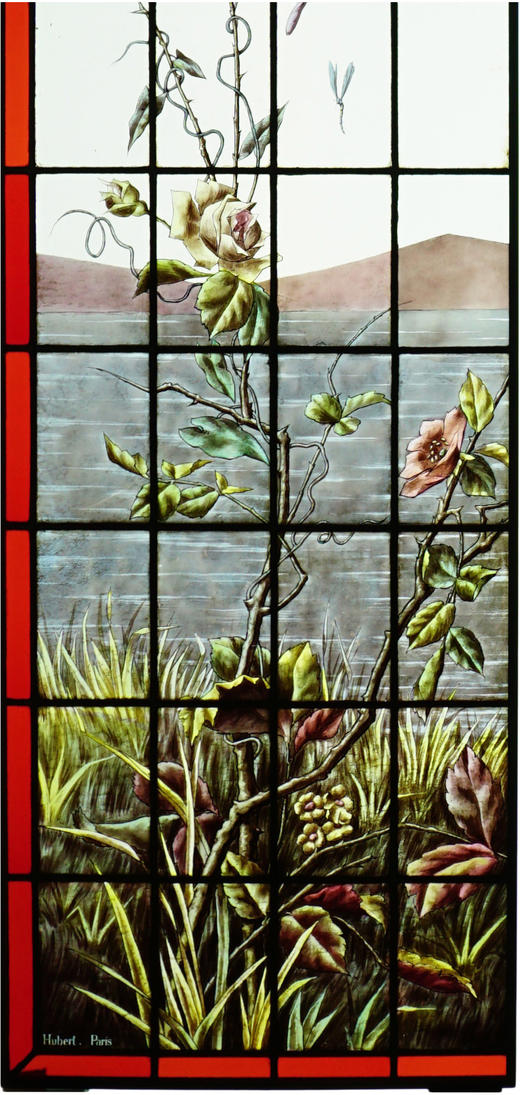 独角鹿西洋古董法国工坊花鸟飞蝶水边风景彩绘玻璃花窗一对 商品图3