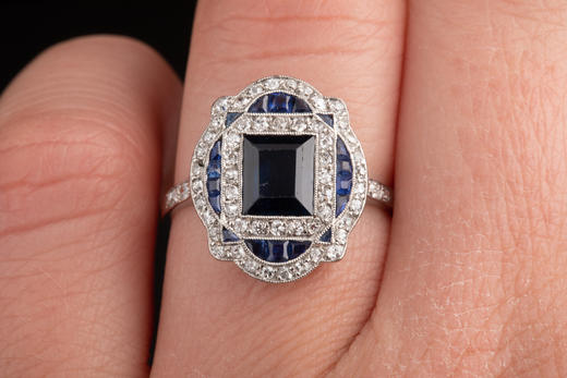 独角鹿西洋古董首饰珠宝法国装饰艺术时期铂金镶嵌钻石蓝宝石戒指 商品图1
