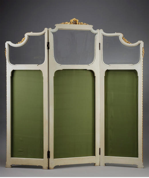 独角鹿西洋古董玻璃修漆木鎏金雕花边框水岸鸟鹤布面手绘三页屏风 商品图2