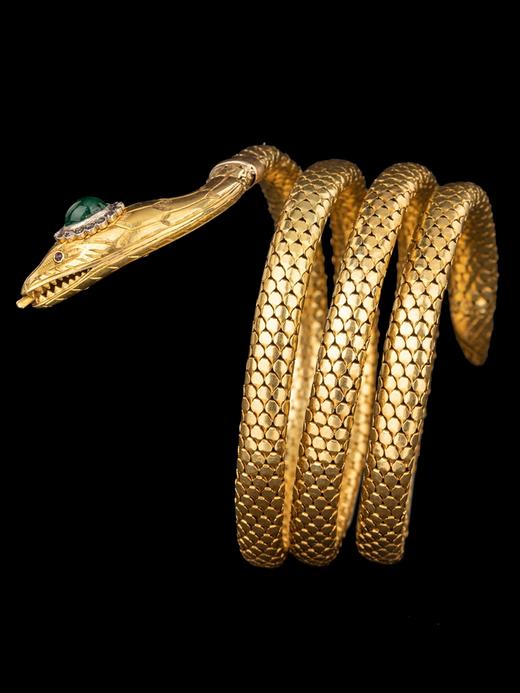 独角鹿西洋古董首饰18K黄金甲片拼接纹理镶祖母绿钻石灵蛇形手镯 商品图3