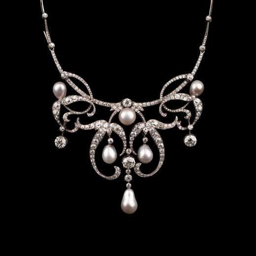 独角鹿西洋古董首饰美好时代黄金底纯银镶钻石天然海水珍珠项链 商品图5