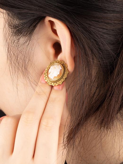 独角鹿西洋古董珠宝首饰黄金丝古典女神卡梅奥Cameo贝壳浮雕耳坠 商品图1