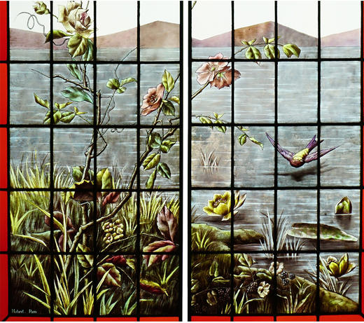 独角鹿西洋古董法国工坊花鸟飞蝶水边风景彩绘玻璃花窗一对 商品图2