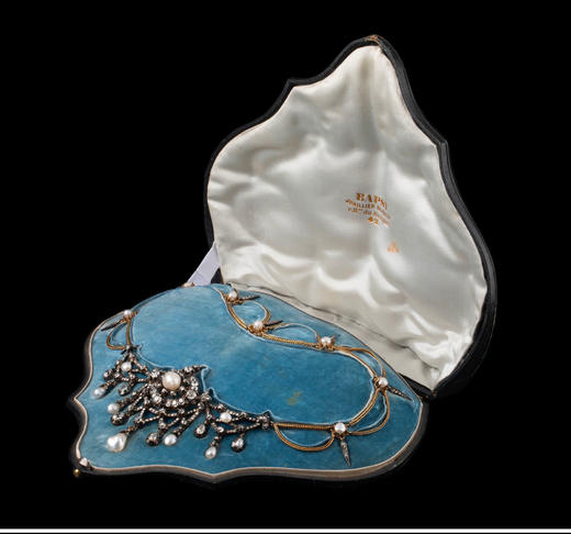 独角鹿西洋古董首饰法国珍珠钻石金银叠打可拆卸垂花帷幔式项链 商品图1