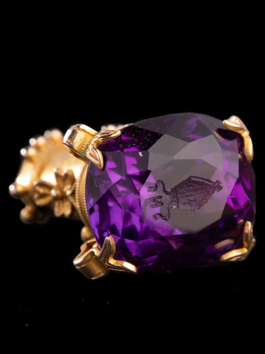 独角鹿西洋古董欧洲主教冠造型黄金雕花嵌紫水晶火漆印章吊坠 商品图4