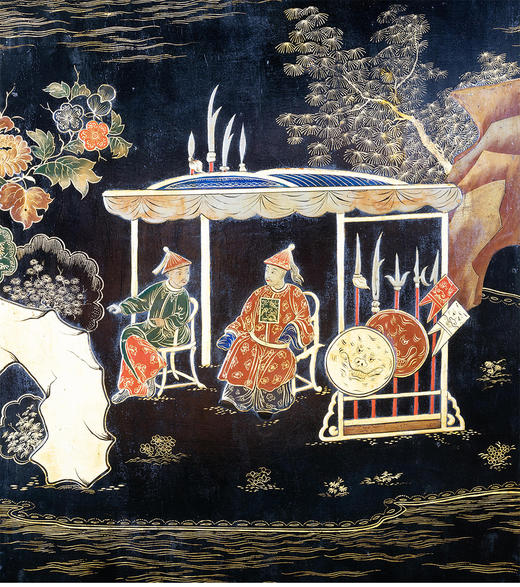 独角鹿西洋古董法国东方风格黑地五彩漆器山水亭台人物六扇屏风 商品图4