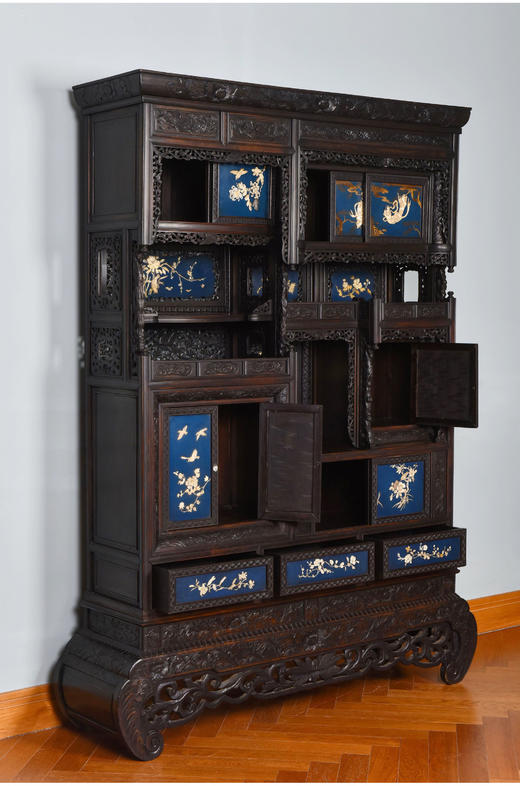 独角鹿西洋古董家具日本明治时期传统花鸟芝山象嵌多宝阁立柜 商品图3