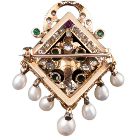 独角鹿西洋古董珠宝欧洲18K金镶红宝石祖母绿钻石天然珍珠胸针 商品图4