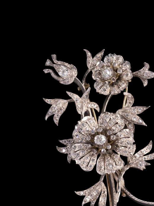 独角鹿西洋古董首饰珠宝18K黄金纯银镶嵌钻石花束造型颤动式胸针 商品图2