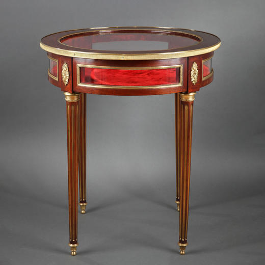 独角鹿西洋古董家具法国出品铜鎏金装饰桃花心木玻璃圆形展示柜 商品图0