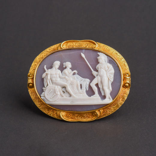 独角鹿西洋古董首饰18k金镶嵌玛瑙野生珍珠浮雕Cameo卡梅奥胸针 商品图0