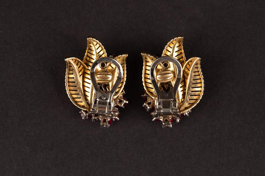 独角鹿西洋古董珠宝首英国红宝石钻石镶嵌18K金花卉耳夹耳坠耳饰 商品图4