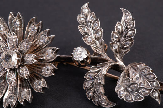 独角鹿西洋古董珠宝首法国18k金银镶嵌钻石玫瑰切钻石颤抖花胸针 商品图3