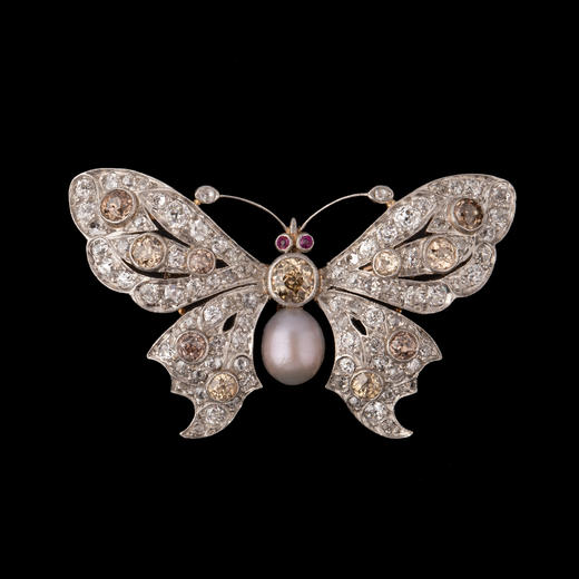 独角鹿西洋古董珠宝首饰法国出品红宝石镶嵌天然珍珠蝴蝶造型胸针 商品图0