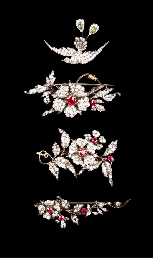 独角鹿西洋古董珠宝黄金纯银镶钻石红宝石橄榄石花鸟可拆卸胸针 商品图3