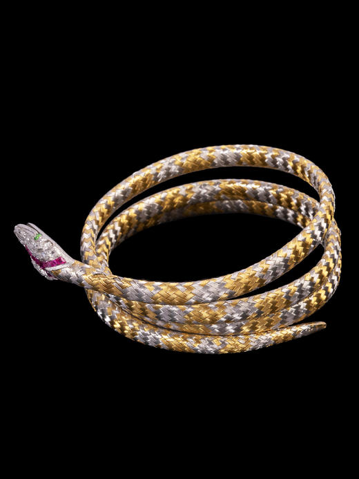 独角鹿西洋古董首饰18K黄白金编镶嵌红宝石钻石沙弗莱石灵蛇手镯 商品图3