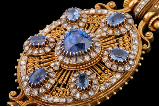 独角鹿西洋古董珠宝首饰18K黄金镂空累丝镶嵌蓝宝石钻石吊坠项链 商品图3