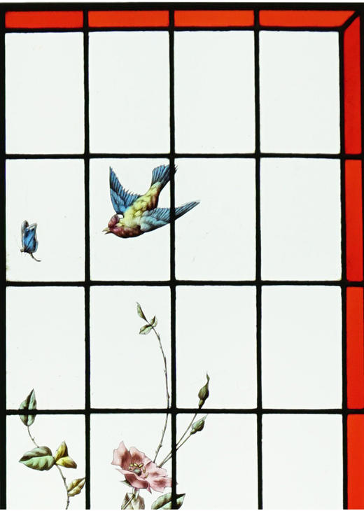 独角鹿西洋古董Hubert Paris工坊花鸟飞蝶水边风景彩绘玻璃花窗 商品图4