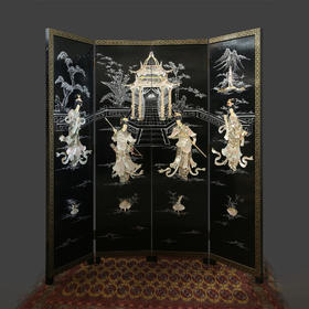 独角鹿西洋古董中国黑漆木嵌硬石母贝传统园邸人物主题四曲屏风