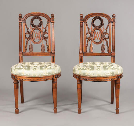 独角鹿西洋古董家具法国路易十六风胡桃木精雕提花缎面座椅一对 商品图2