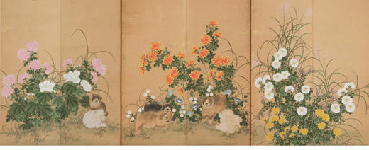 独角鹿西洋古董日本大正时期纸本设色幼犬花卉六曲六扇屏风 商品图1