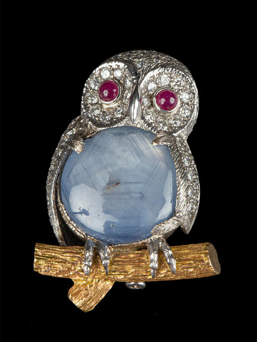 独角鹿西洋古董英国珠宝工坊金铂金镶蓝宝石红宝石钻石猫头鹰胸针 商品图2