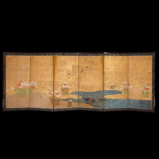 独角鹿西洋古董江户时代狩野派花鸟纸本金叶六曲秋草图日式屏风 商品图0